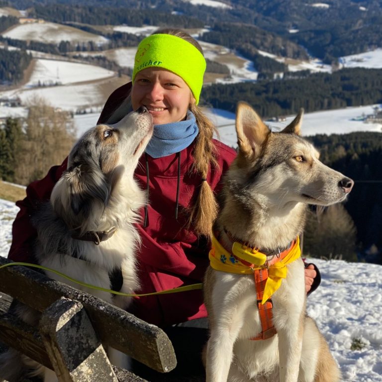 Junge Frau kniet neben einem Bernhardiner auf einer Wiese.