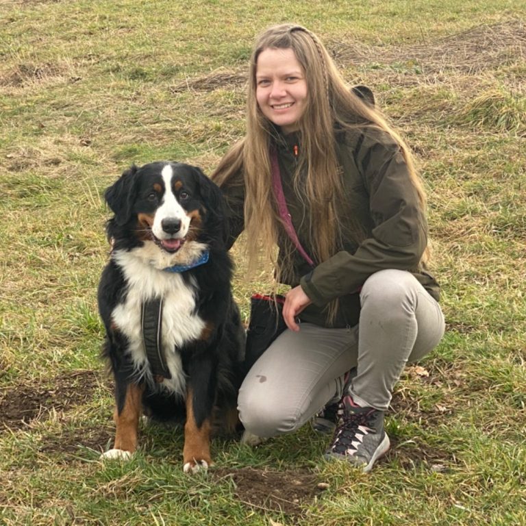 Pfotensicher Hundeschule Junge Frau kniet neben einem Bernhardiner auf einer Wiese.