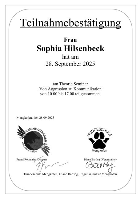 Teilnahmebestätigung Aggression Hund